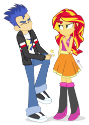 Size: 850x1200 | Tagged: safe, artist:dm29, flash sentry, sunset shimmer, equestria girls, rainbow rocks, agony, clothes, duo, fist, flashabuse, kick to the knee, simple background, skirt, tanktop, transparent background, wince