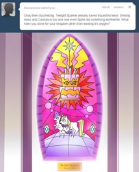 Size: 648x800 | Tagged: safe, artist:ttturboman, prince blueblood, rarity, pony, unicorn, ask, ask blueblood, cake, stained glass, tumblr