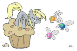 Size: 900x600 | Tagged: safe, artist:yikomega, derpy hooves, parasprite, pegasus, pony, female, giant muffin, mare, muffin, protecting, simple background, that pony sure does love muffins, white background