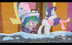 Size: 1024x640 | Tagged: safe, screencap, rarity, spike, dragon, pony, unicorn, the crystal empire, youtube caption