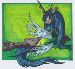 Size: 2463x2278 | Tagged: safe, artist:stormblaze-pegasus, queen chrysalis, changeling, changeling queen, female, looking at you, looking back, rear view, smiling, solo, traditional art, underhoof