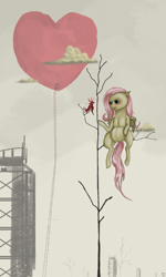 Size: 1200x2000 | Tagged: safe, artist:rubi-era, fluttershy, bird, pegasus, pony, bare tree, creepy, heart, ladder, no more ponies at source, sitting, sitting in a tree, symbolism, tree, tree branch