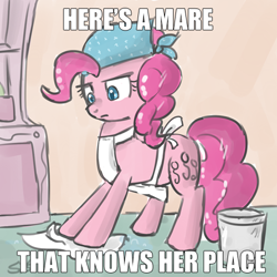 Size: 500x500 | Tagged: safe, artist:speccysy, edit, pinkie pie, earth pony, pony, background pony strikes again, bucket, caption, don't take it seriously, drama, image macro, misogyny, obvious joke, poe's law, sexism, solo