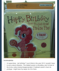 Size: 574x687 | Tagged: safe, pinkie pie, butthurt, card, check your privilege, gender, irl, parody, photo, poe's law, real, sexism, social justice, text, tumblr