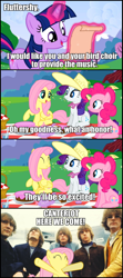 Size: 850x1911 | Tagged: safe, fluttershy, pegasus, pony, unicorn, comic, female, mare, pink mane, purple mane, the byrds, white coat, yellow coat