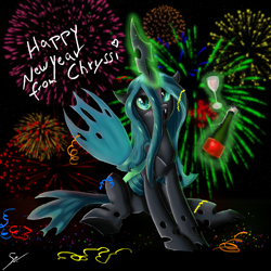 Size: 1749x1750 | Tagged: safe, artist:shogundun, queen chrysalis, changeling, changeling queen, alcohol, bottle, confetti, fireworks, glowing horn, happy new year, happy new year 2017, smirk, solo, wine