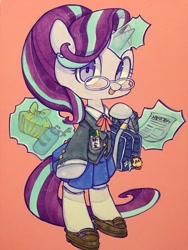 Size: 960x1280 | Tagged: safe, artist:mosamosa_n, starlight glimmer, sunburst, pony, unicorn, bag, bipedal, bottle, clothes, cute, female, glasses, glimmerbetes, glowing horn, horn, jacket, keychain, magic, mare, pleated skirt, shoes, skirt, socks, solo, telekinesis