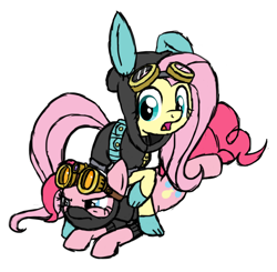 Size: 1024x1003 | Tagged: safe, artist:ogihb, fluttershy, pinkie pie, earth pony, pegasus, pony, bunny ears, clothes, dangerous mission outfit, duo, female, flutterspy, goggles, hoodie, mare, night vision goggles, open mouth, pinkie spy, shirt, simple background, white background