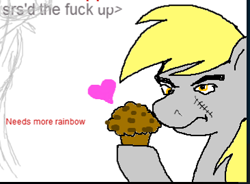 Size: 366x269 | Tagged: safe, derpy hooves, pegasus, pony, female, flockdraw, heart, mare, muffin, scar, vulgar