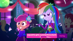 Size: 1280x720 | Tagged: safe, derpibooru import, screencap, captain planet, cloudy kicks, indigo wreath, nolan north, rainbow dash, scootaloo, eqg summertime shorts, equestria girls, raise this roof, clothes, discovery family logo, fall formal outfits, fingerless gloves, gloves