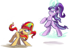 Size: 1280x853 | Tagged: safe, artist:heir-of-rick, starlight glimmer, sunset shimmer, pony, unicorn, fight, gritted teeth, magic, rearing, sketch