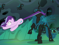 Size: 1276x992 | Tagged: safe, screencap, queen chrysalis, starlight glimmer, thorax, changeling, changeling queen, pony, unicorn, to where and back again, changeling guard, changeling officer, cropped, female, mare, mouth hold, tail, tail pull, wide eyes