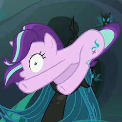 Size: 529x529 | Tagged: safe, screencap, queen chrysalis, starlight glimmer, changeling, changeling queen, pony, unicorn, to where and back again, cropped, faic, female, mare, wide eyes