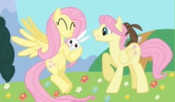 Size: 2160x1272 | Tagged: safe, artist:woodchip8472, angel bunny, butterscotch, fluttershy, pegasus, pony, rule 63