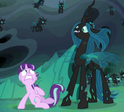 Size: 572x518 | Tagged: safe, screencap, queen chrysalis, starlight glimmer, thorax, changeling, changeling queen, pony, unicorn, to where and back again, changeling guard, cropped, faic, female, floppy ears, gritted teeth, mare, scared