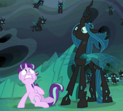 Size: 572x518 | Tagged: safe, screencap, queen chrysalis, starlight glimmer, thorax, changeling, changeling queen, pony, unicorn, to where and back again, changeling guard, changeling officer, cropped, faic, female, mare, scared