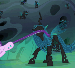 Size: 572x518 | Tagged: safe, screencap, queen chrysalis, starlight glimmer, changeling, changeling queen, pony, unicorn, to where and back again, changeling guard, cropped, female, mare, mouth hold, tail pull