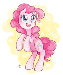 Size: 573x686 | Tagged: safe, artist:milk4ppl, pinkie pie, pony, candy, cute, diapinkes, food, lollipop, open mouth, rearing, solo, stars