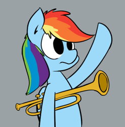 Size: 380x385 | Tagged: safe, anonymous artist, derpibooru import, rainbow dash, pegasus, pony, band geeks, gray background, is mayonnaise an instrument?, musical instrument, no catchlights, raised hoof, simple background, solo, spongebob squarepants, trumpet