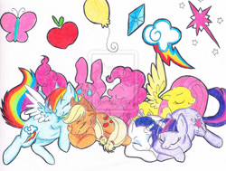 Size: 900x680 | Tagged: safe, artist:pvrii, derpibooru import, applejack, fluttershy, pinkie pie, rainbow dash, rarity, twilight sparkle, earth pony, pegasus, pony, unicorn, balloon, implied appledash, implied rarilight, mane six, traditional art, watermark