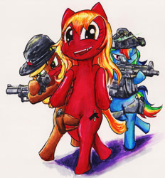 Size: 1752x1888 | Tagged: safe, artist:mr.candy_owo, derpibooru import, applejack, rainbow dash, oc, oc:blitz ash, earth pony, pegasus, pony, clothes, gun, hat, ponies with guns, simple background, standing, traditional art, weapon