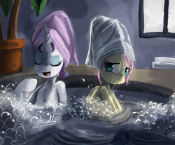 Size: 1025x850 | Tagged: safe, artist:terrac0tta, fluttershy, rarity, pegasus, pony, unicorn, bath, bubble, eyes closed, jacuzzi, palm tree, potted plant, spa, towel, towel on head, tree