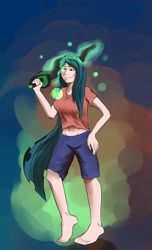 Size: 1200x1980 | Tagged: safe, artist:passigcamel, queen chrysalis, human, barefoot, belly button, clothes, feet, humanized, midriff, shirt, short shirt, shorts, solo, sword, weapon