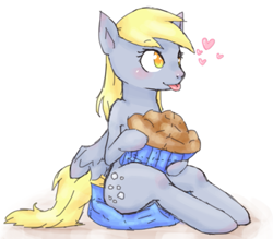 Size: 605x531 | Tagged: safe, artist:meganechu, derpy hooves, pegasus, pony, female, heart, mare, muffin, solo, that pony sure does love muffins, tongue out