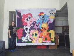 Size: 4128x3096 | Tagged: safe, artist:underhand-flyer, derpibooru import, applejack, derpy hooves, fluttershy, pinkie pie, rainbow dash, rarity, twilight sparkle, human, irl, irl human, mane six, photo, pixel art, quilt