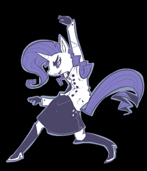 Size: 709x825 | Tagged: safe, artist:mangneto, rarity, anthro, black background, clothes, female, open mouth, purple mane, purple tail, simple background, skirt, smiling, solo