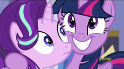 Size: 1280x720 | Tagged: safe, screencap, starlight glimmer, twilight sparkle, twilight sparkle (alicorn), alicorn, pony, no second prances, close-up, creepy, discovery family logo, female, grin, mare