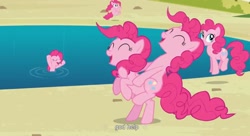 Size: 1581x863 | Tagged: safe, screencap, pinkie pie, earth pony, pony, too many pinkie pies, god, ponies riding ponies, youtube caption, youtube link