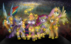 Size: 640x400 | Tagged: safe, artist:rainbowjune, derpibooru import, applejack, fluttershy, pinkie pie, rainbow dash, rarity, twilight sparkle, earth pony, pegasus, pony, unicorn, armor, elements of harmony, magic, mane six