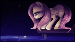 Size: 1600x899 | Tagged: safe, artist:imalou, fluttershy, fish, pegasus, pony, female, mare, night, stars, water