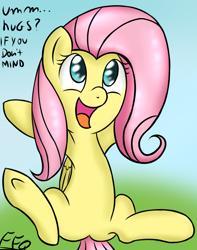 Size: 900x1145 | Tagged: safe, artist:freefraq, fluttershy, pegasus, pony, bronybait, cute, female, hug request, signature, solo