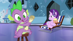 Size: 1280x720 | Tagged: safe, screencap, spike, starlight glimmer, dragon, pony, unicorn, the crystalling, aweeg*, deck chair, food, popcorn, scroll, sitting