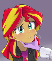 Size: 484x566 | Tagged: safe, artist:baekgup, sci-twi, sunset shimmer, twilight sparkle, equestria girls, rainbow rocks, blushing, chin stroke, clothes, cute, female, frown, jacket, scitwishimmer, shimmerbetes, shipping, story in the comments, sunsetsparkle