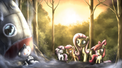 Size: 1920x1080 | Tagged: safe, artist:fongsaunder, apple bloom, fluttershy, scootaloo, sweetie belle, pegasus, pony, cutie mark crusaders, doctor who, reddit, rocket, snoo, sonic screwdriver