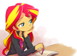 Size: 784x566 | Tagged: source needed, useless source url, safe, artist:baekgup, sunset shimmer, human, equestria girls, rainbow rocks, clothes, cute, female, jacket, journal, leather jacket, pen, shimmerbetes, simple background, smiling, solo, table, white background