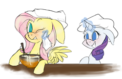 Size: 1360x878 | Tagged: safe, artist:batlover800, fluttershy, rarity, pegasus, pony, unicorn, chef's hat, cooking, hat