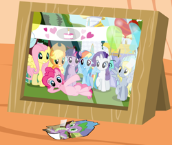 Size: 900x759 | Tagged: safe, artist:bednarowski, derpibooru import, edit, applejack, derpy hooves, fluttershy, pinkie pie, rainbow dash, rarity, spike, twilight sparkle, dragon, earth pony, pegasus, pony, unicorn, dragon quest, balloon, banner, cake, female, mane seven, mane six, mare, photo, picture, picture frame, smiling, tape, the saddest picture in equestria