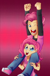 Size: 600x913 | Tagged: safe, artist:icedroplet, bubble berry, pinkie pie, converse, humanized, riding, rule 63, self paradox, self ponidox, shoes