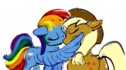 Size: 2000x1102 | Tagged: safe, artist:xbi, derpibooru import, applejack, rainbow dash, earth pony, pegasus, pony, 30 minute art challenge, appledash, female, kissing, lesbian, shipping