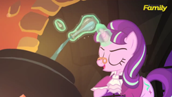 Size: 1280x720 | Tagged: safe, screencap, snowfall frost, starlight glimmer, pony, unicorn, a hearth's warming tail, cauldron, clothes, discovery family logo, eyes closed, glasses, levitation, magic, open mouth, smiling, solo, telekinesis