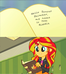 Size: 1436x1616 | Tagged: safe, screencap, sunset shimmer, equestria girls, rainbow rocks, crossover, exploitable meme, harry potter, journey book, meme, sunset shimmer's book, this will end in tears, tom riddle