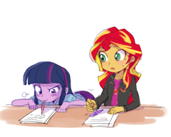 Size: 500x400 | Tagged: dead source, safe, artist:baekgup, sunset shimmer, twilight sparkle, twilight sparkle (alicorn), alicorn, equestria girls, adorkable, blushing, clothes, cute, desk, dork, female, humans doing horse things, mouth drawing, mouth hold, paper, pen, simple background, white background