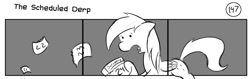 Size: 1280x404 | Tagged: safe, artist:tetrapony, derpy hooves, pegasus, pony, comic:the daily derp, comic, female, mare, monochrome, solo, the scheduled derp