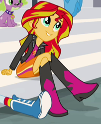 Size: 262x323 | Tagged: safe, screencap, pinkie pie, rainbow dash, spike, sunset shimmer, dog, equestria girls, rainbow rocks, boots, clothes, cute, high heel boots, shimmerbetes, smiling, socks, spike the dog, weapons-grade cute, when she smiles