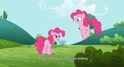 Size: 1581x855 | Tagged: safe, screencap, pinkie pie, earth pony, pony, female, mare, pink coat, pink mane, youtube caption, youtube link