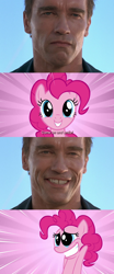 Size: 1280x3072 | Tagged: safe, pinkie pie, earth pony, human, pony, arnold schwarzenegger, comic, female, irl, irl human, male, mare, photo, smiling, terminator